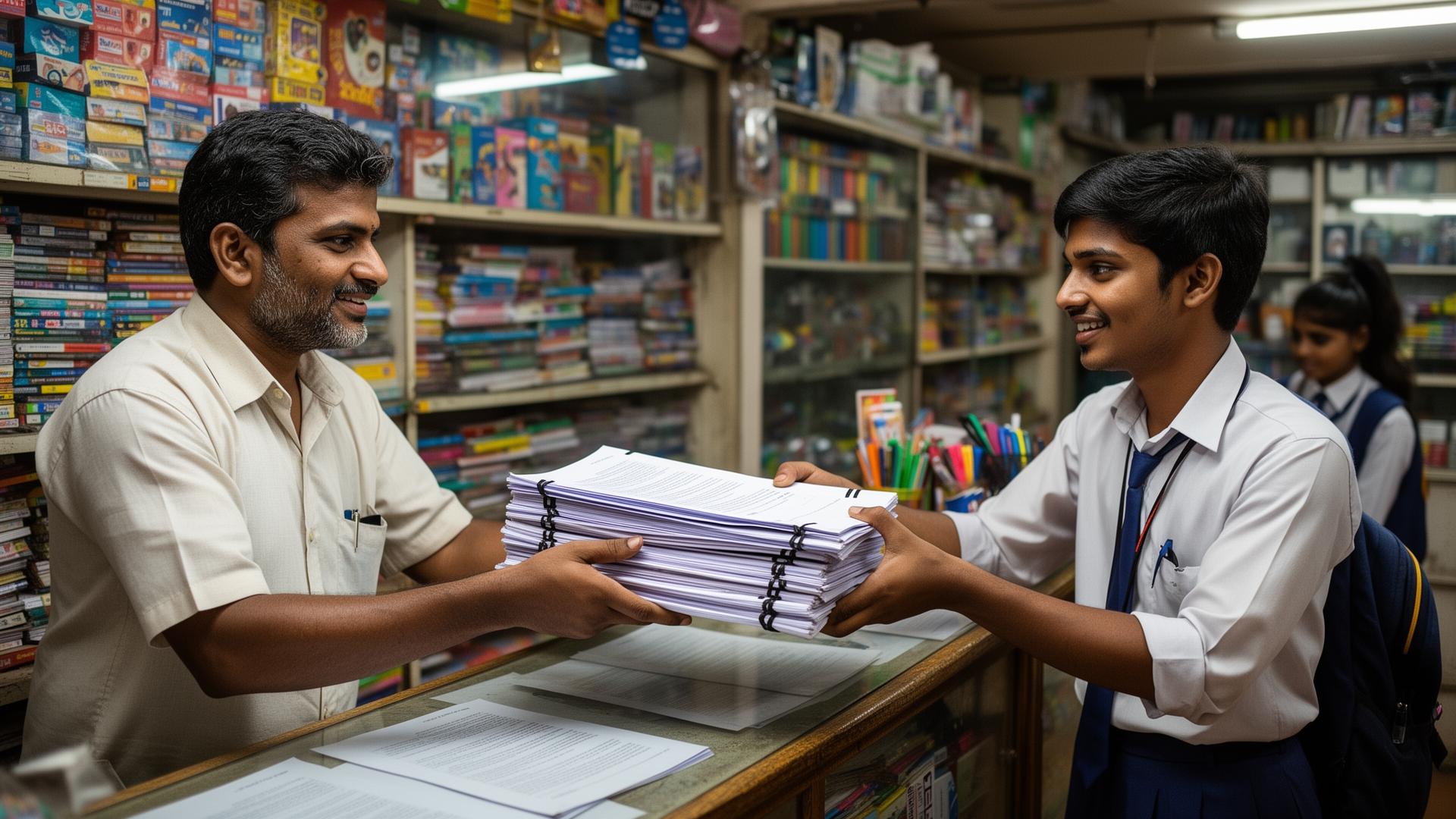 Shopkeeper handing project reports to a student